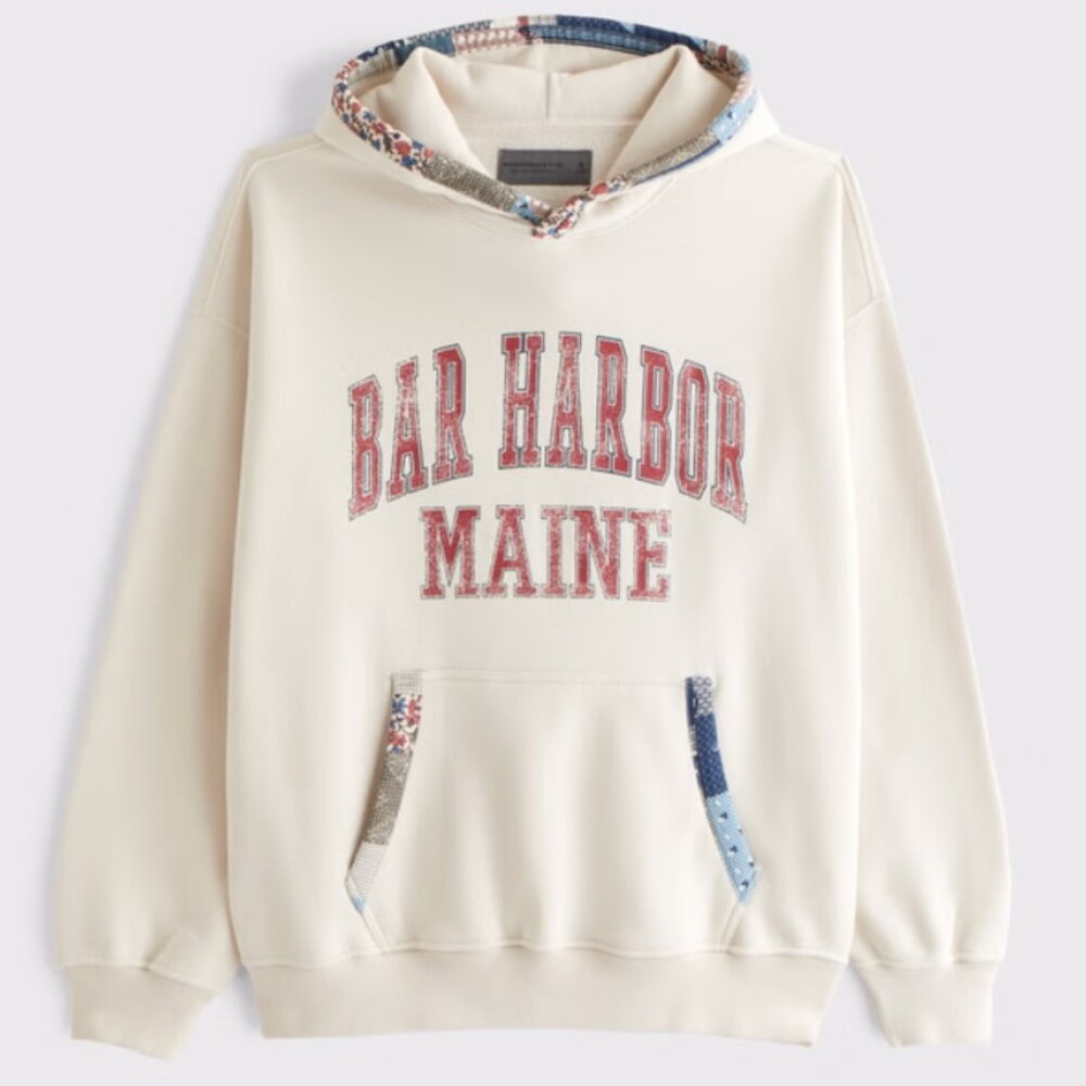 Abercrombie & Fitch Cream "Bar Harbor Maine" Pullover Hoodie with Patchwork Trim